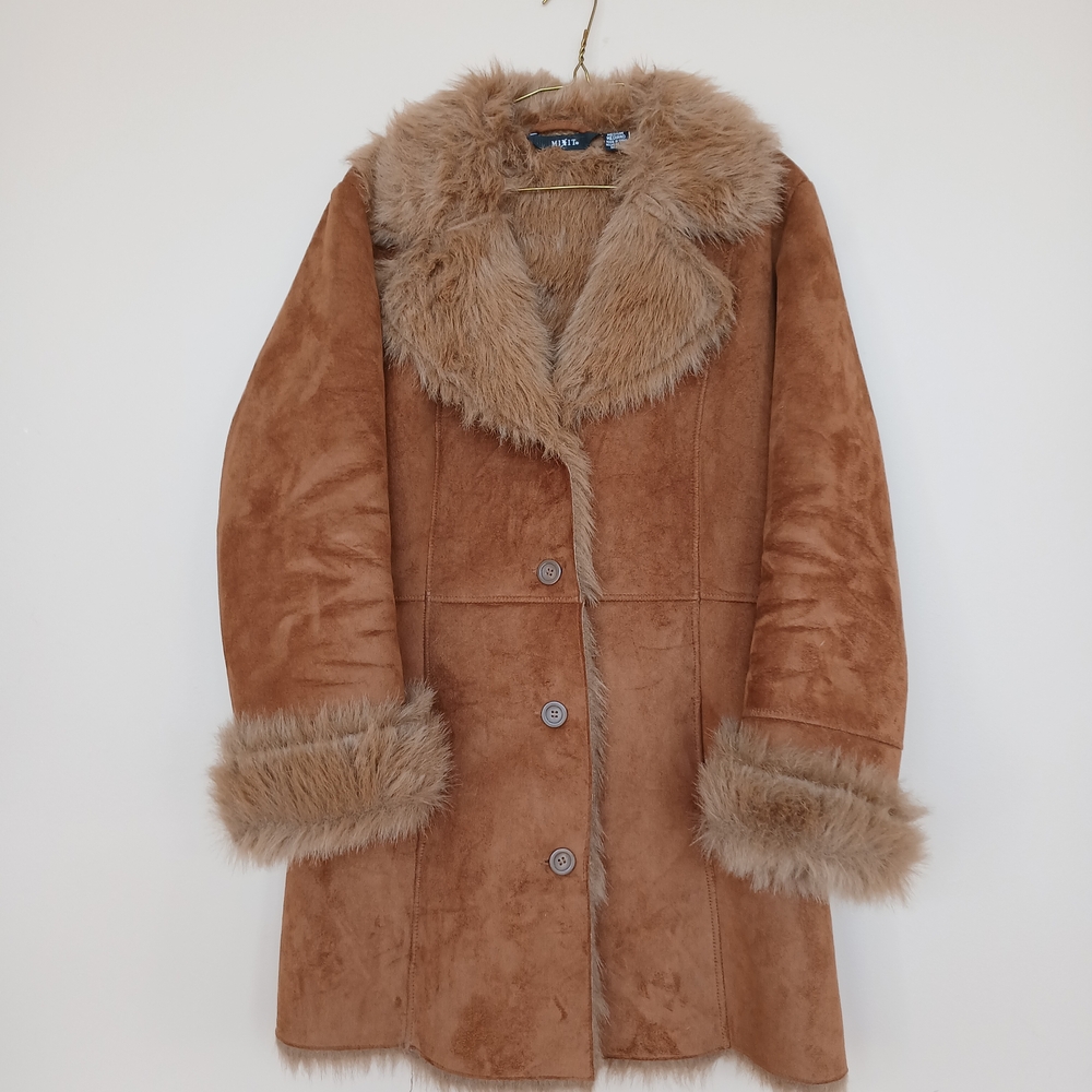 Mixit Tan Penny Lane Coat with Faux Fur Trim